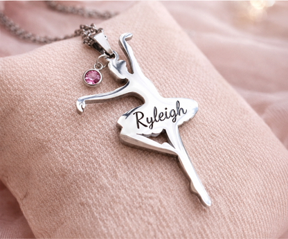 Gold ballerina necklace with optional birthstone charm