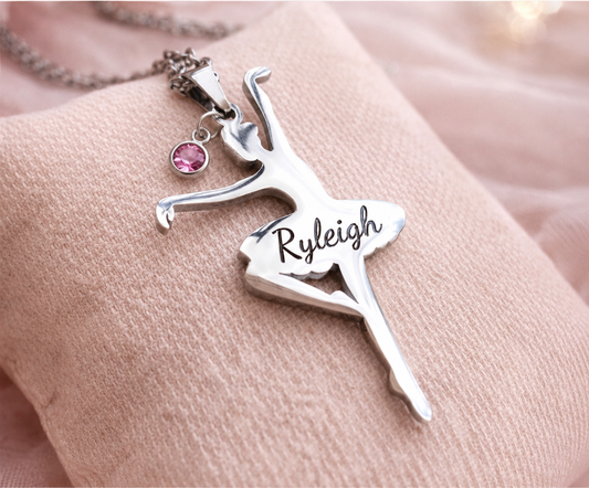 Gold ballerina necklace with optional birthstone charm