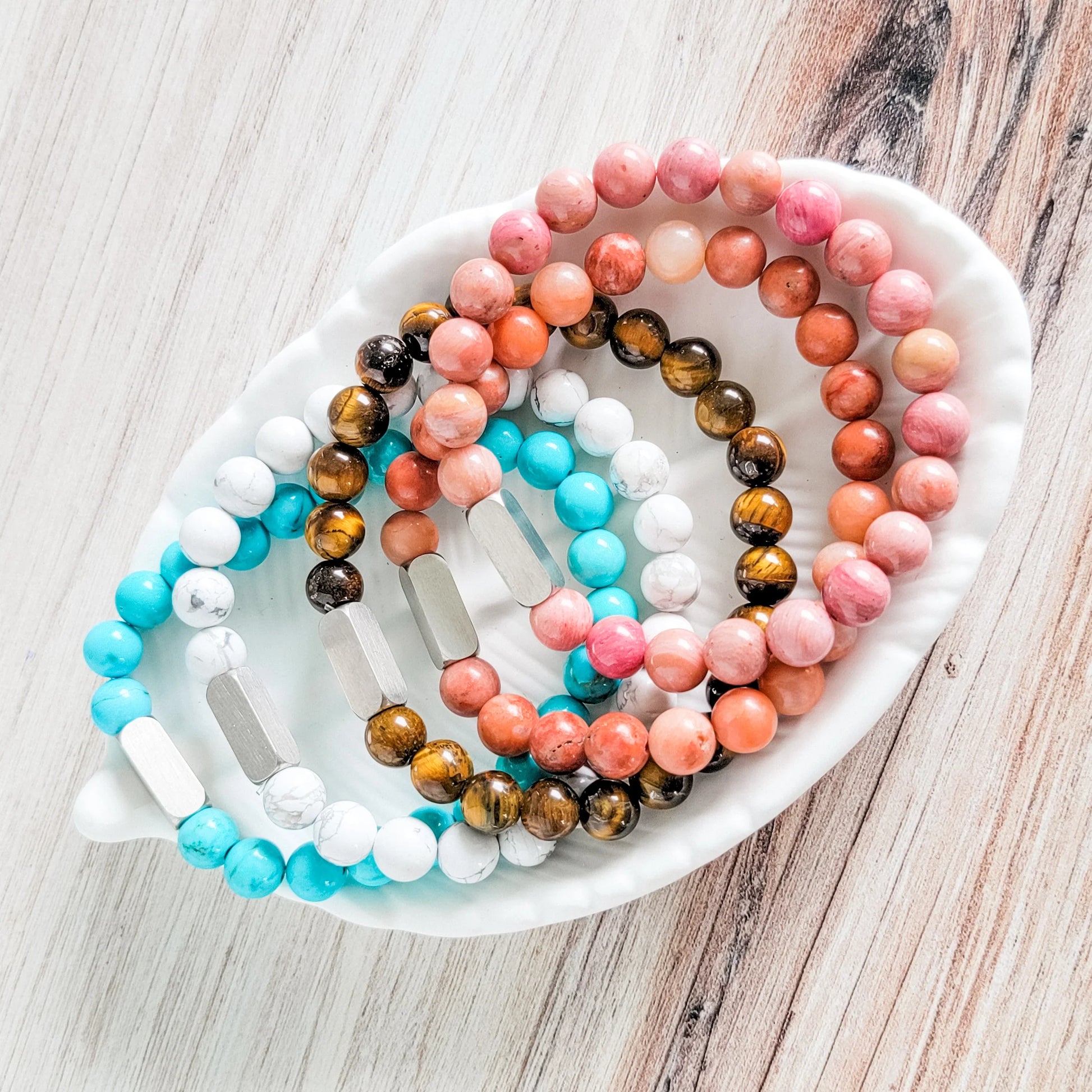 Personalized natural stone beaded bracelet with engraved bar