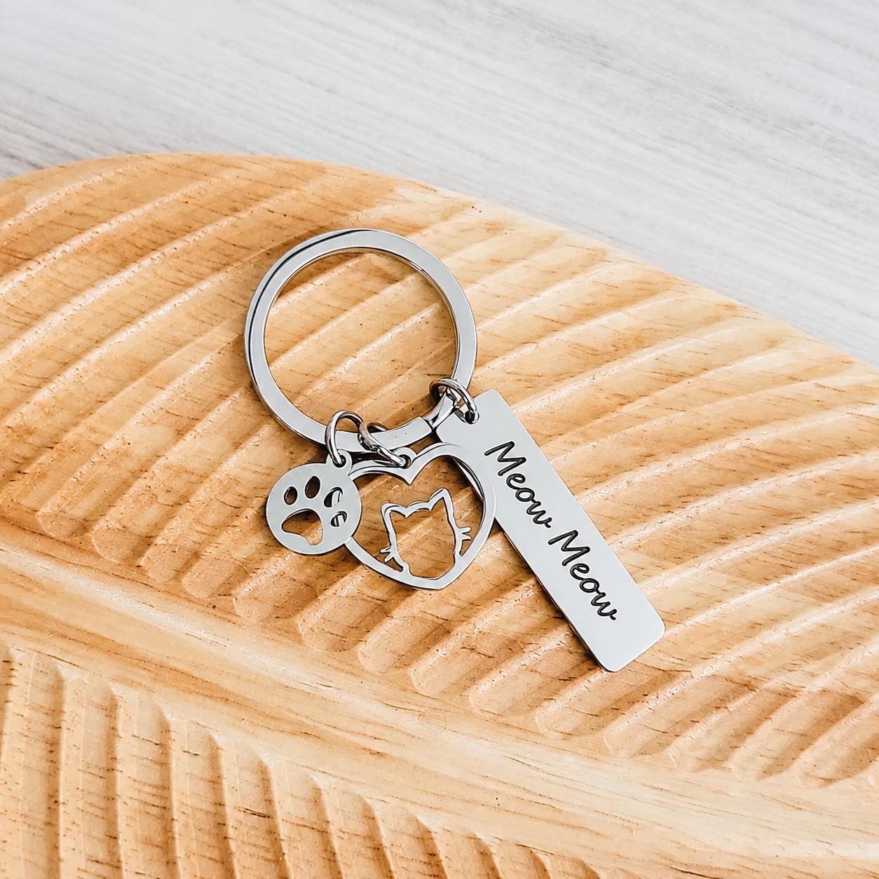 Rectangle with Cat and Paw Charm Keychain