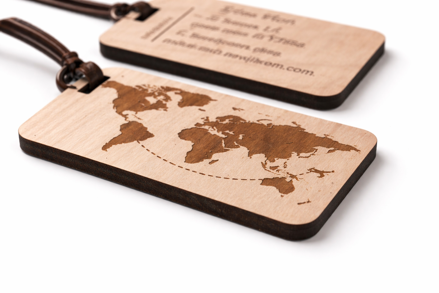 Personalized Engraved Wooden Luggage Tag – World Map Design