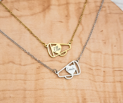 Personalized cheer megaphone necklace engraved with a name