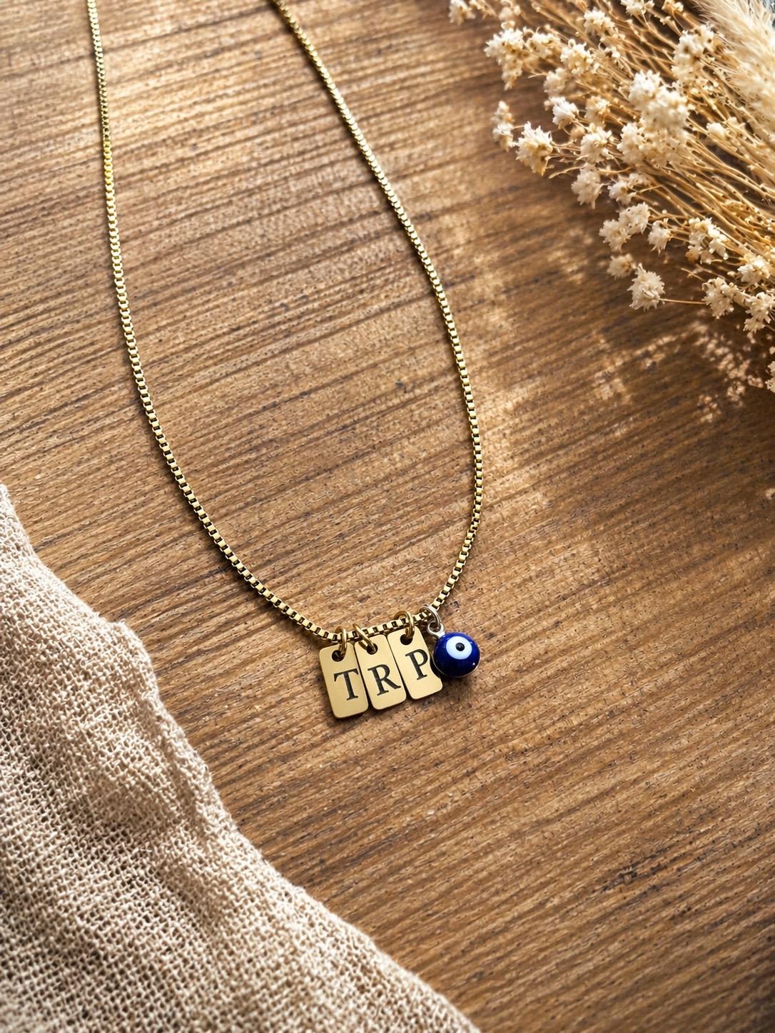 Personalized Mini Tag Necklace with Evil Eye Charm