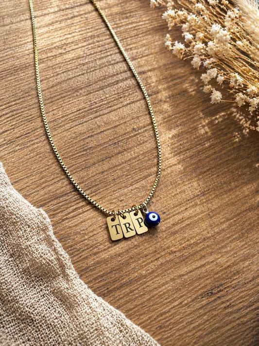 Personalized Mini Tag Necklace with Evil Eye Charm
