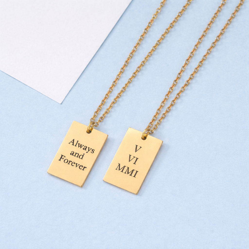 Personalized anniversary square pendant necklace with Roman numeral date