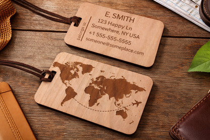 Personalized Engraved Wooden Luggage Tag – World Map Design