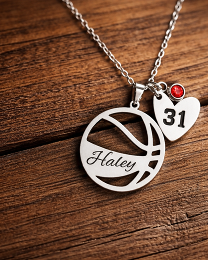 Personalized Basketball Name Necklace with Birthstone & Number Charm